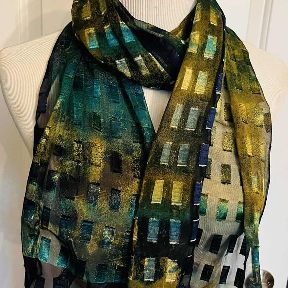 Vintage Modernist Geometric Scarf — Blue, Green & Gold Pattern - Picture 12 of 16